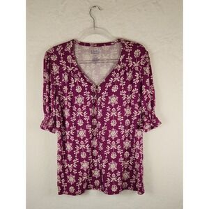 Croft & Barrow Purple Floral V-Neck Button-Front Blouse Women's Size Medium